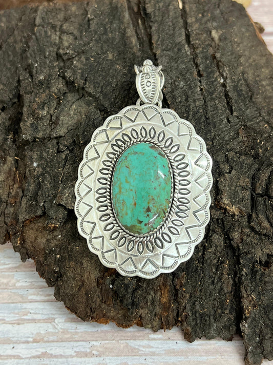 Handmade Sterling Silver Kingman Turquoise Pendant hiwith Signed Nizhoni