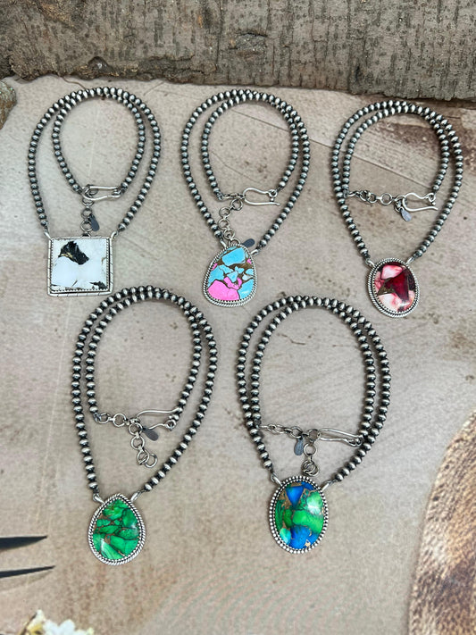 Handmade Sterling Silver Multi Stone Beaded Necklace, Signed Nizhoni