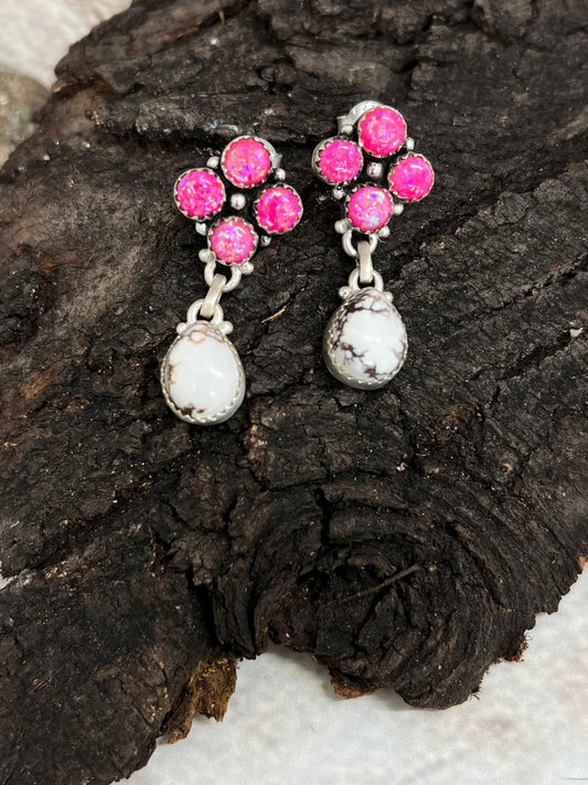 Handmade Sterling Silver Wild Horse with Pink Fire Opal Post Dangle Earrings, Signed Nizhoni (7)