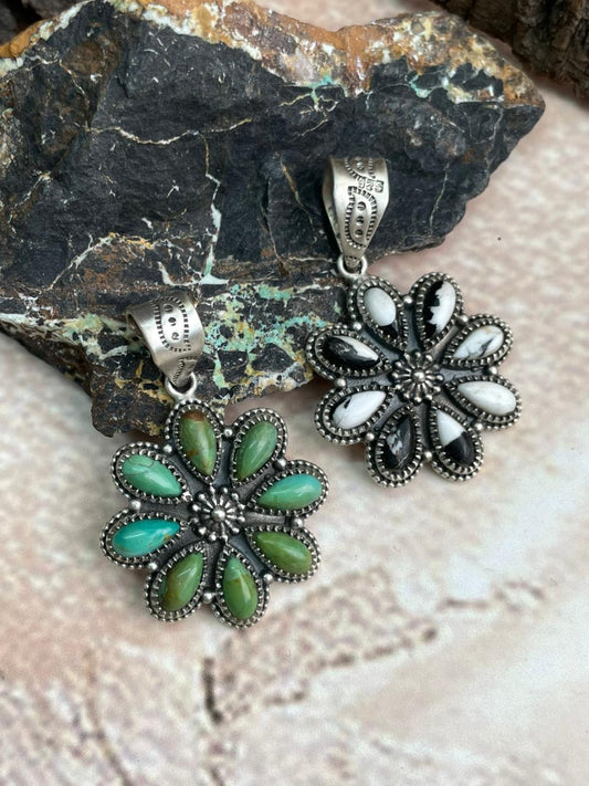 Handmade Sterling Silver White Buffalo, Kingman Turquoise Pendant "Signed Nizhoni"