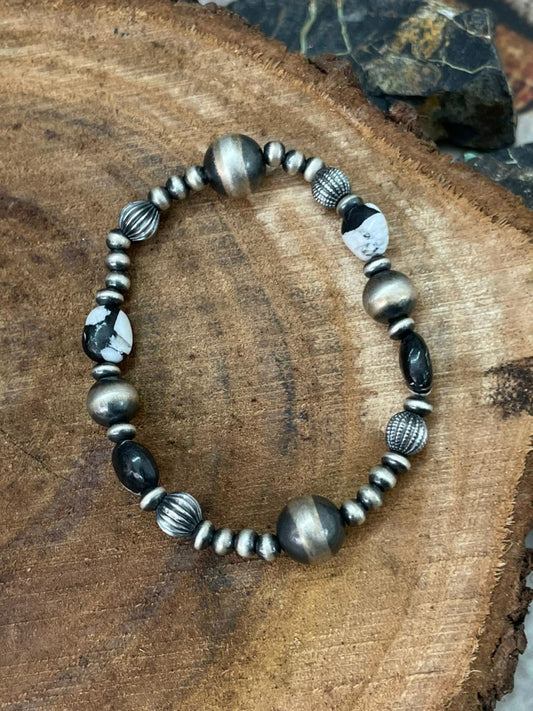Handmade Sterling Silver Beaded White Buffalo Stretch Bracelet (7)