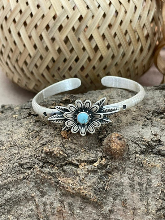 Handmade Sterling Silver Golden Hills Turquoise Cuff Bracelet with Signed Nizhoni