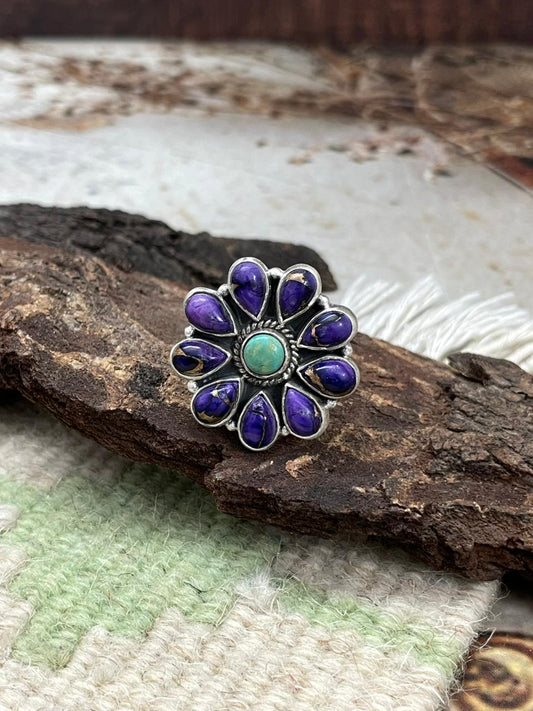 Handmade Sterling Silver Grape Dahlia with Kingman Turquoise Adjustable Ring "Signed Nizhoni"