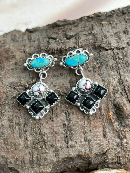 Handmade Sterling Silver Kingman with Wildhorse, Black Onyx  Post Dangle Earrings Set "Signed Nizhoni"