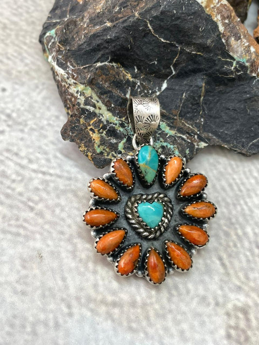 Handmade Sterling Silver Kingman with Orange Mojave Pendant "Signed Nizhoni"