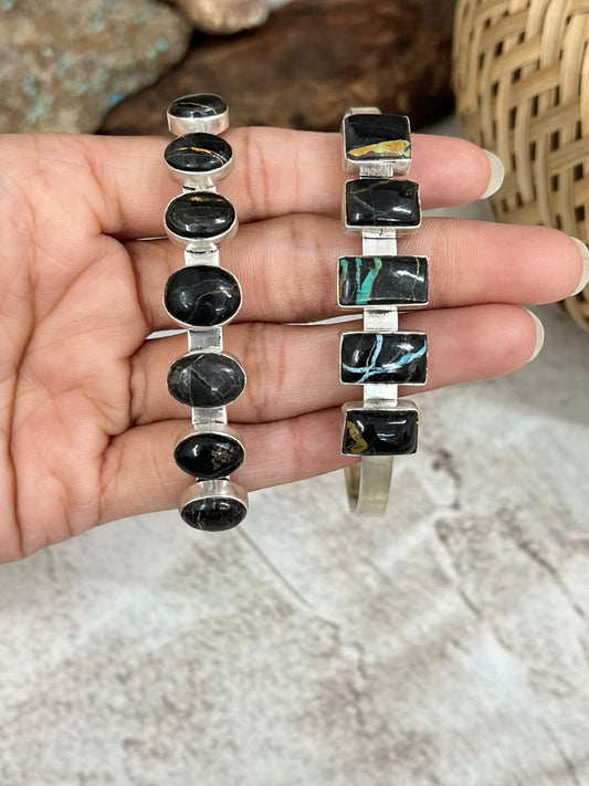 Handmade Sterling Silver Blackjack Turquoise Cuff Bracelet Signed Nizhoni