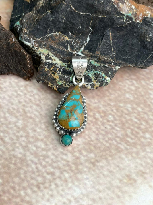 Handmade Sterling Silver Royston with Kingman Turquoise Pendant "Signed Nizhoni"