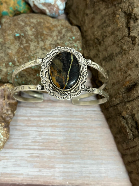 Handmade Sterling Silver Black Jack Cuff Bracelet with Signed Nizhoni