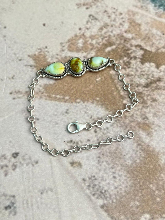 Handmade Sterling Silver Palomino Turquoise Chain Bracelet "Signed Nizhoni"