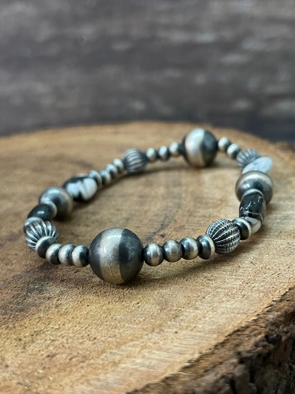 Handmade Sterling Silver Beaded White Buffalo Stretch Bracelet (7)