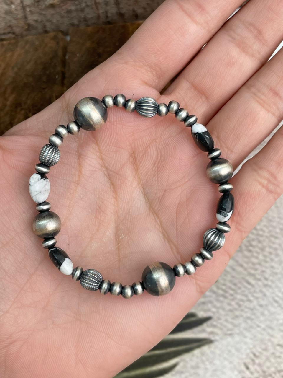 Handmade Sterling Silver Beaded White Buffalo Stretch Bracelet (7)