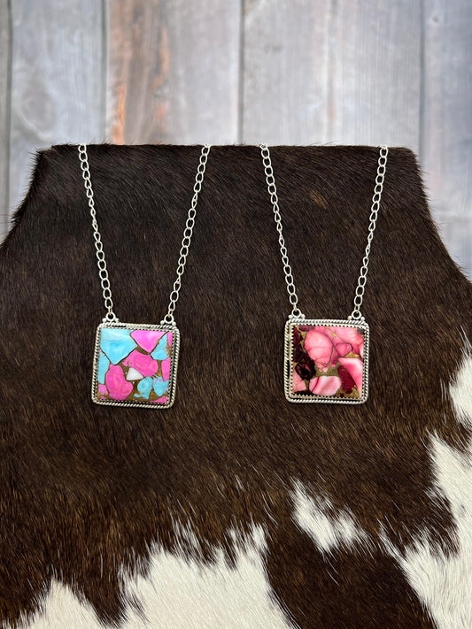 Handmade Sterling Silver Dahlia Rose, Cotton Candy Turquoise Necklace with Signed Nizhoni