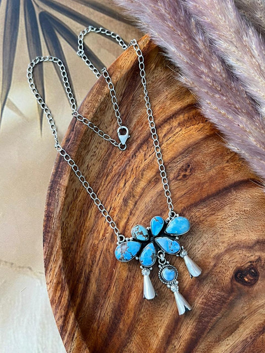 Handmade Sterling Silver Golden Hills Turquoise Squash Blossom Necklace "Signed Nizhoni"
