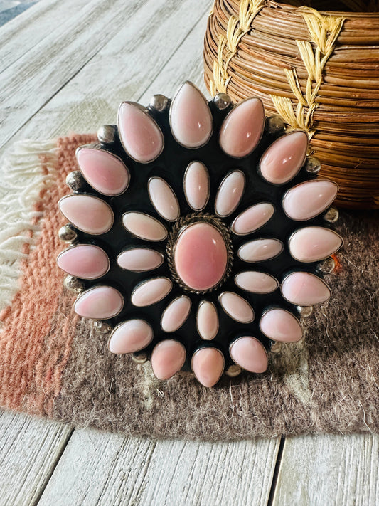 Handcrafted Queen Pink Conch Shell & Sterling Silver Cluster Cuff Bracelet