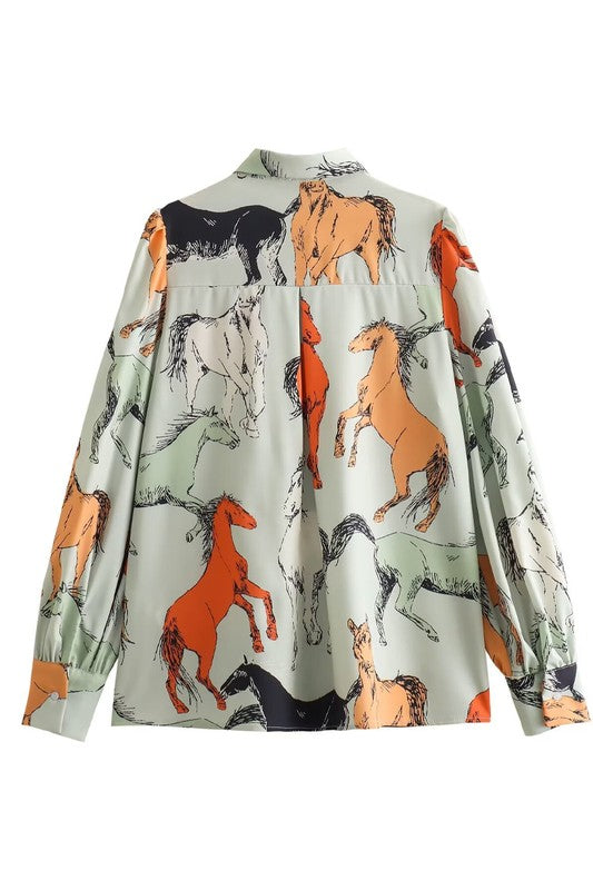 Off To The Races Horse Print Blouse - Mint