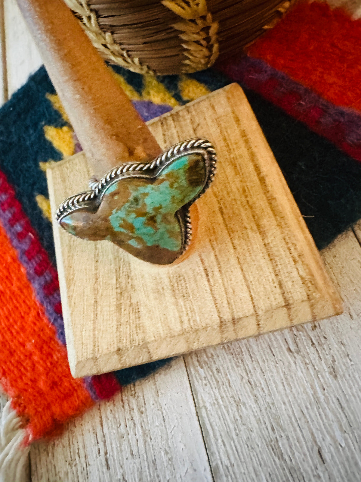 Handcrafted Royston Turquoise & Sterling Silver Bullhead Adjustable Ring by P. Yazzie