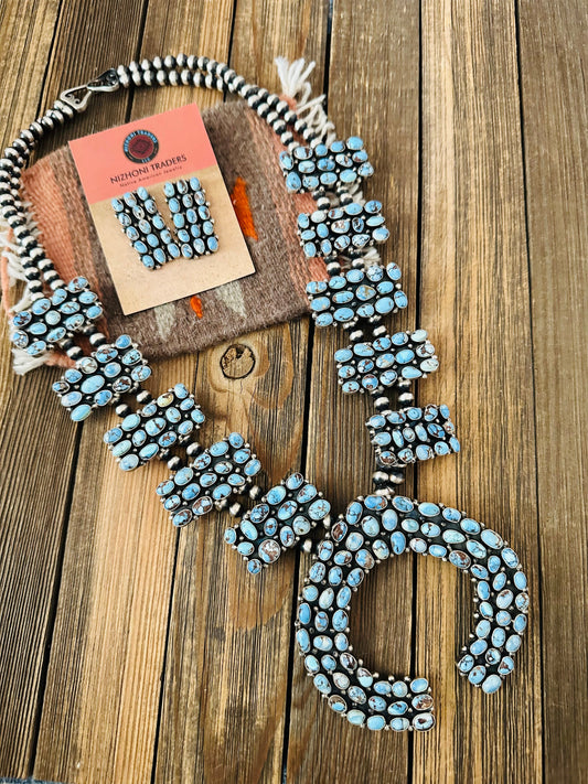 Handcrafted Golden Hills Turquoise & Sterling Silver Squash Blossom Necklace Set by B. Yellowhorse