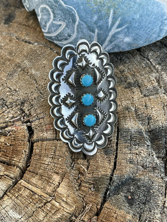 Handcrafted 3 Stone Turquoise & Sterling Silver Concho Ring Adjustable Signed L.Tahe