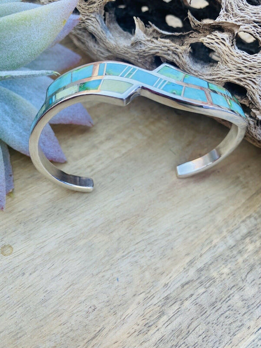 Handcrafted Sonoran Mountain Turquoise & Sterling Silver Inlay Cuff Bracelet /