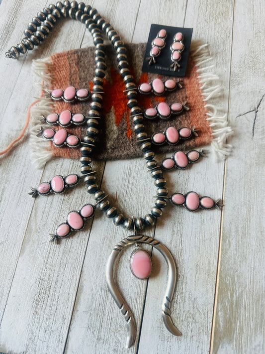 Handcrafted Sterling Silver & Queen Pink Conch Squash Blossom Necklace Set