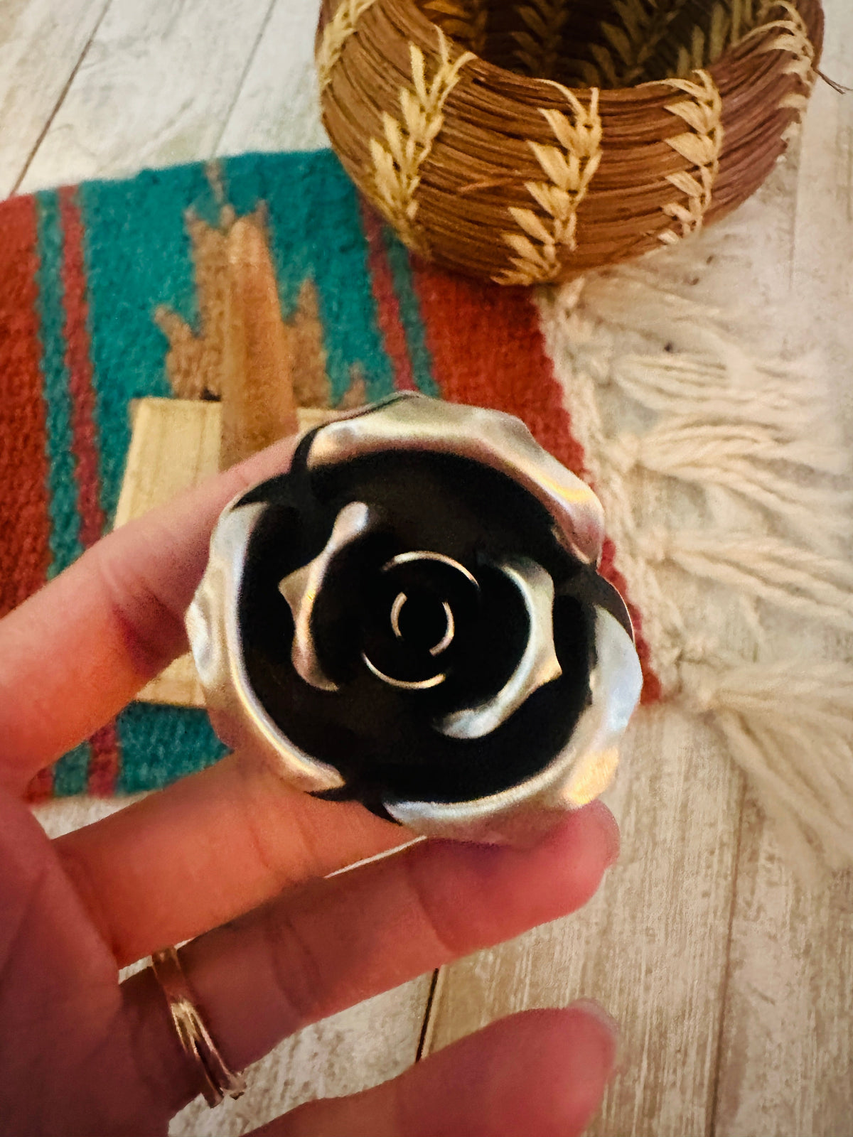 Handcrafted Sterling Silver Rose Adjustable Ring by Leander Tahe