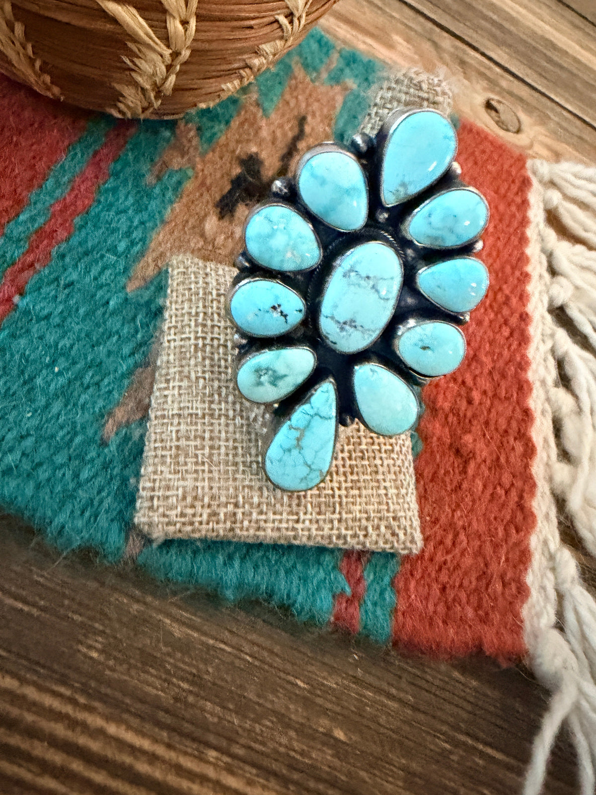 Handcrafted Kingman Turquoise & Sterling Silver Cluster Ring Size 9 by Sheila Becenti