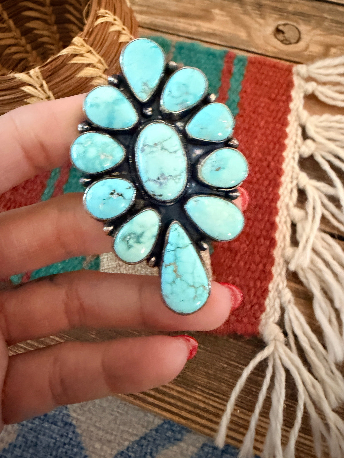 Handcrafted Kingman Turquoise & Sterling Silver Cluster Ring Size 9 by Sheila Becenti