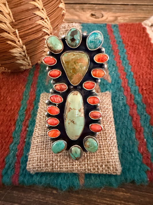Handcrafted Spiny Oyster, Turquoise & Sterling Silver Cluster Ring by Sheila Becenti Size 10