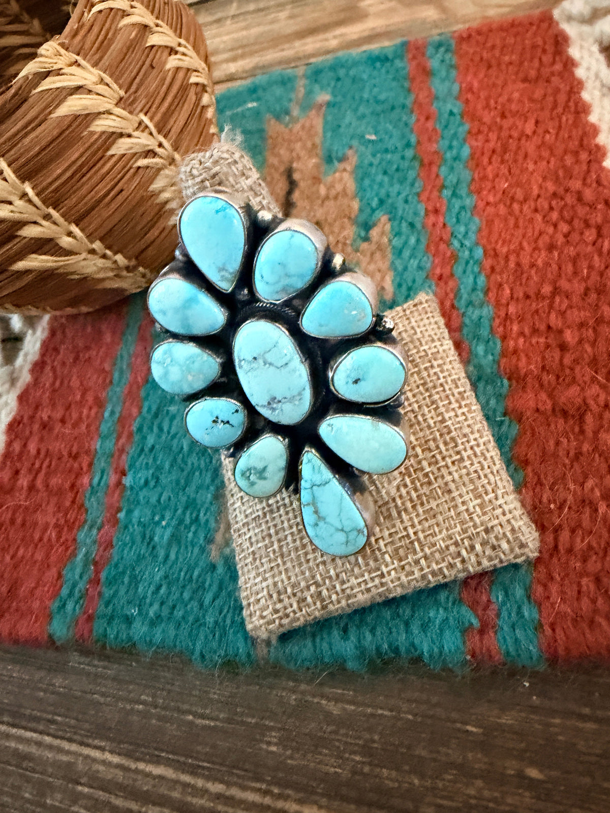 Handcrafted Kingman Turquoise & Sterling Silver Cluster Ring Size 9 by Sheila Becenti