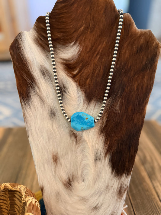 Handcrafted Kingman Turquoise & Sterling Silver Pearl 18” Beaded Necklace