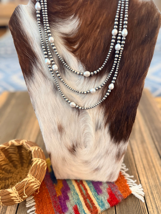 Handcrafted Mother of Pearl and Sterling Silver Pearl Beaded Necklace