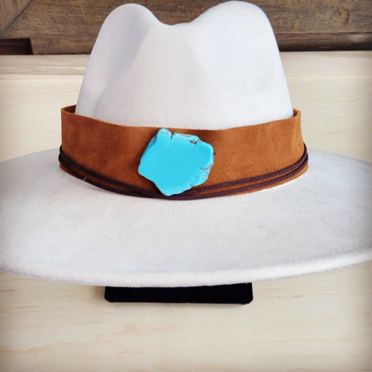 **Wide Genuine Leather Tan Suede Hat Band w/ Turq 953r