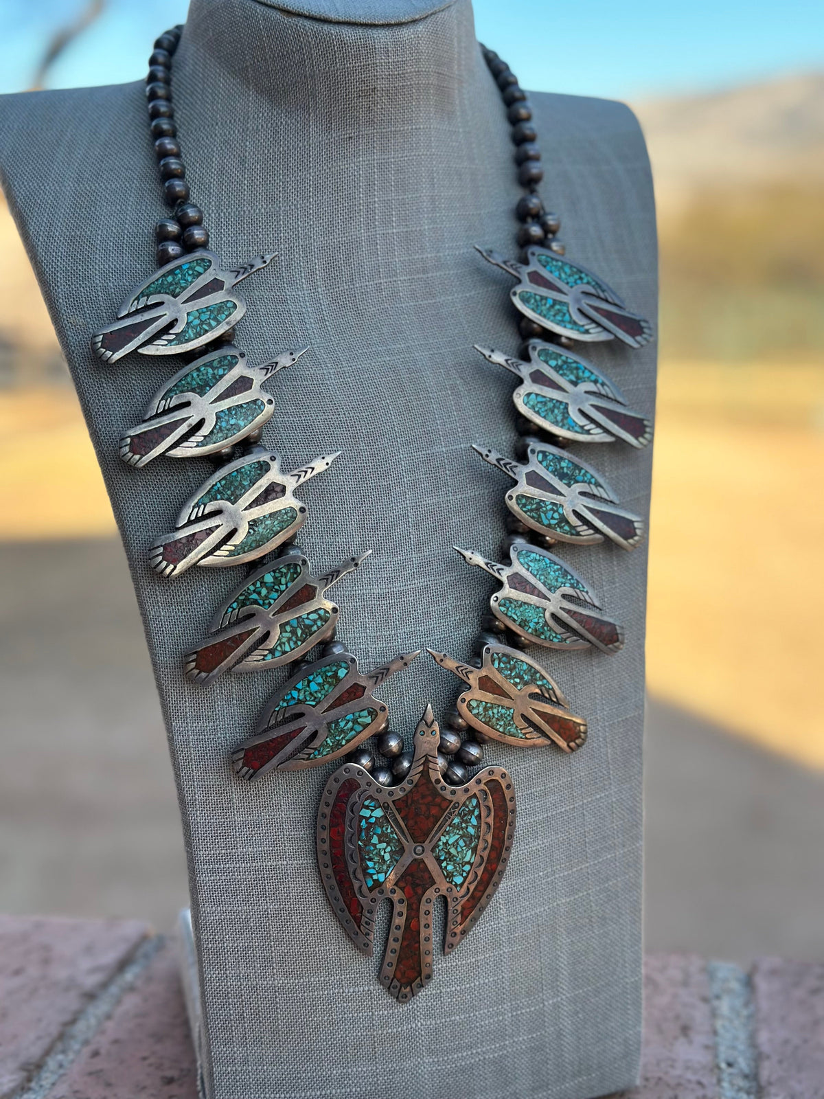 Estate Collection Old Pawn Handcrafted Turquoise & Coral Sterling Silver Chip Inlay Thunderbird Squash Blossom Necklace
