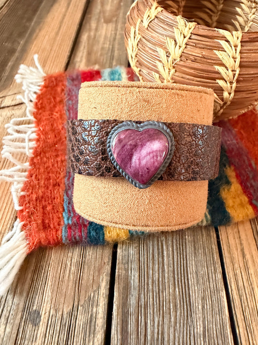 Handcrafted Purple Spiny & Sterling Silver Leather Heart Bracelet