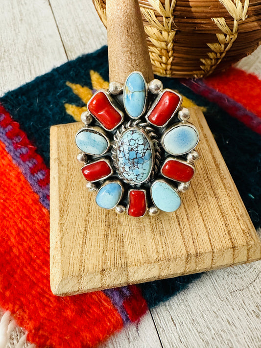 Handcrafted Golden Hills Turquoise, Coral & Sterling Silver Cluster Adjustable Ring