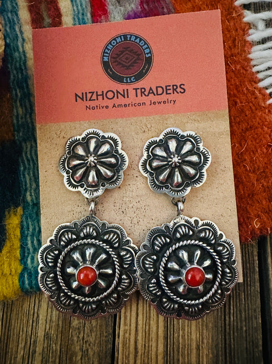 Handcrafted Coral & Sterling Silver Concho Dangle Earrings