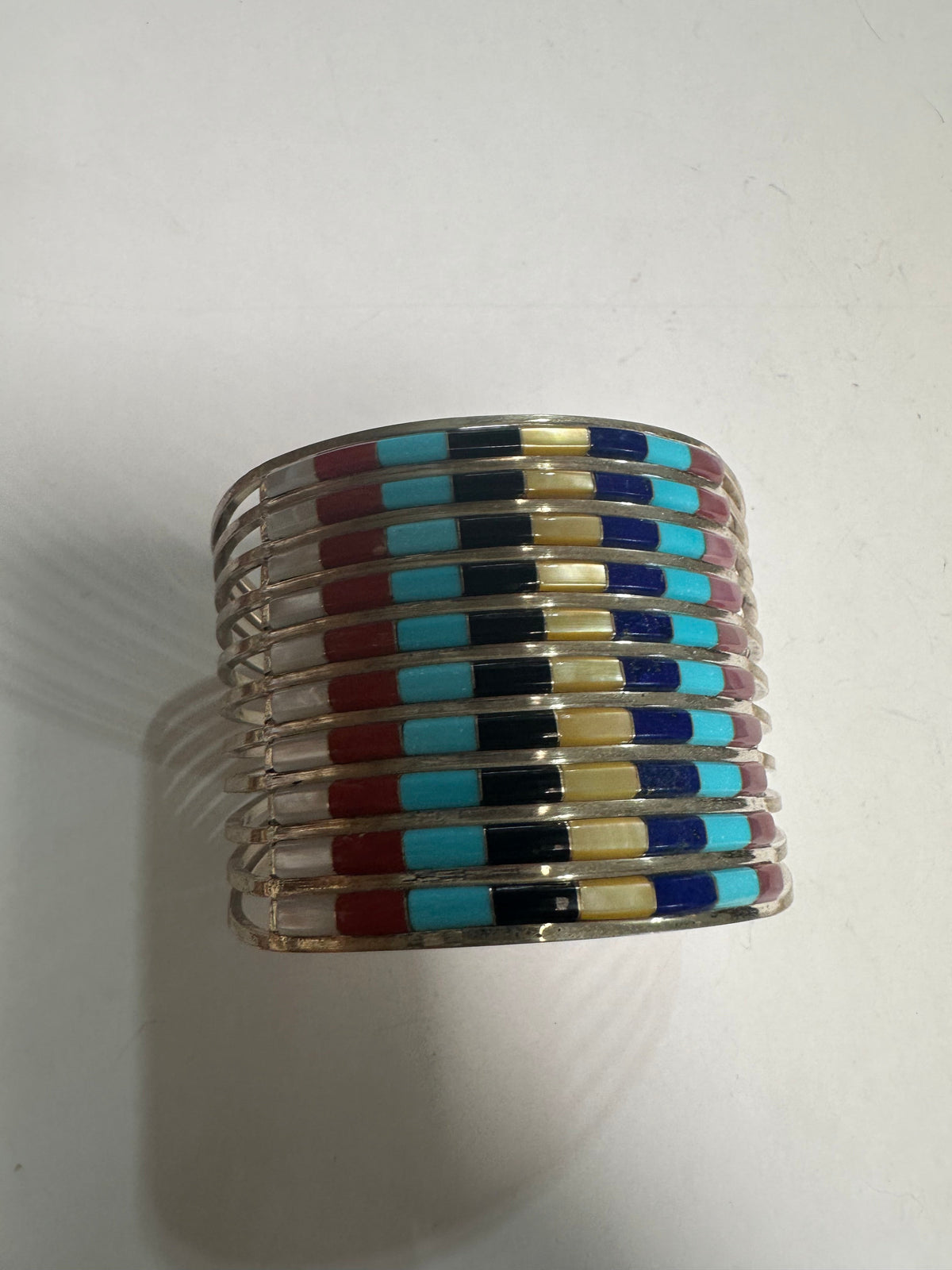 Handcrafted Multi Stone & Sterling Silver Inlay Cuff Bracelet Signed