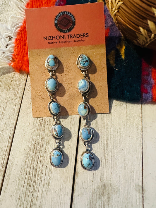 Handcrafted Golden Hills Turquoise & Sterling Silver Cluster Dangle Earrings Signed