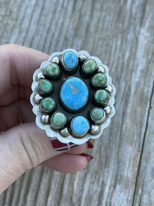 Handcrafted Sterling Sonoran Gold And Golden Hills Turquoise Cluster Ring Size 8.5