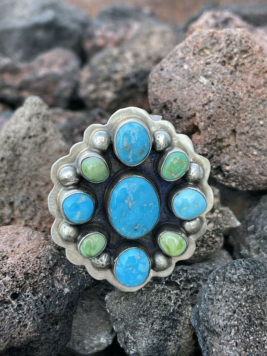 Handcrafted Sterling Sonoran Gold And Golden Hills Turquoise Cluster Ring Size 8.5