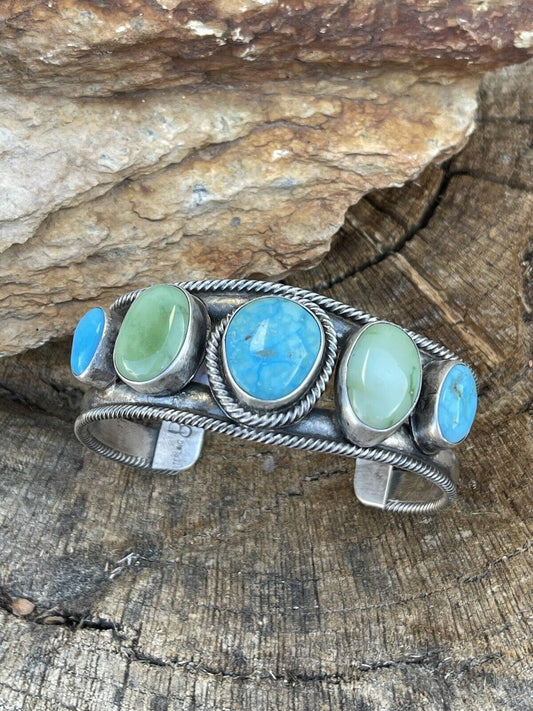 Handcrafted Sterling Sonoran Gold & Golden Hills Turquoise Cuff Bracelet Signed /