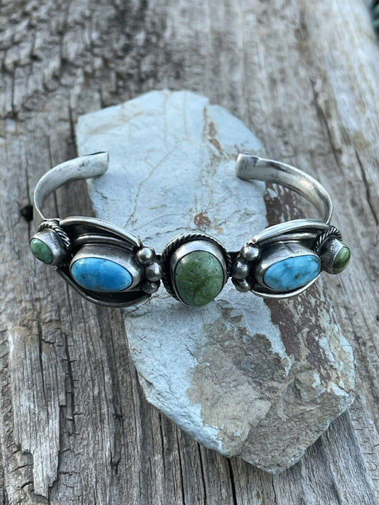 Handcrafted Sterling Sonoran Gold & Golden Hills Turquoise Cuff Bracelet Signed /