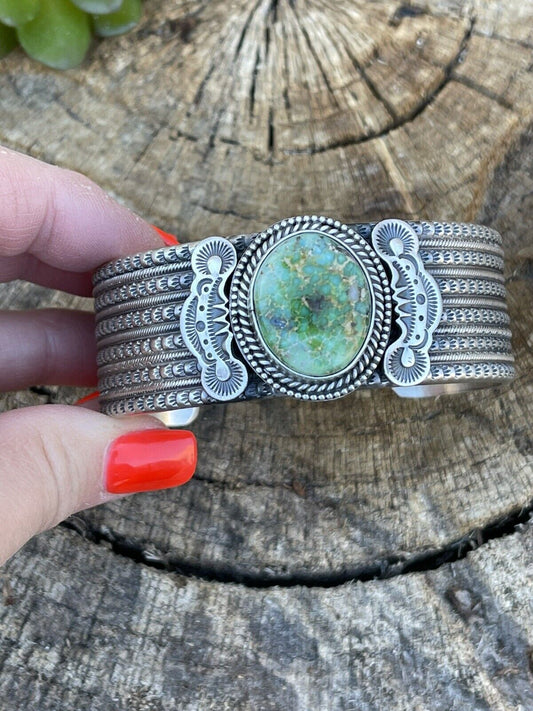 Handcrafted Sterling Silver & Sonoran Gold Turquoise Cuff Bracelet Signed & Stamped