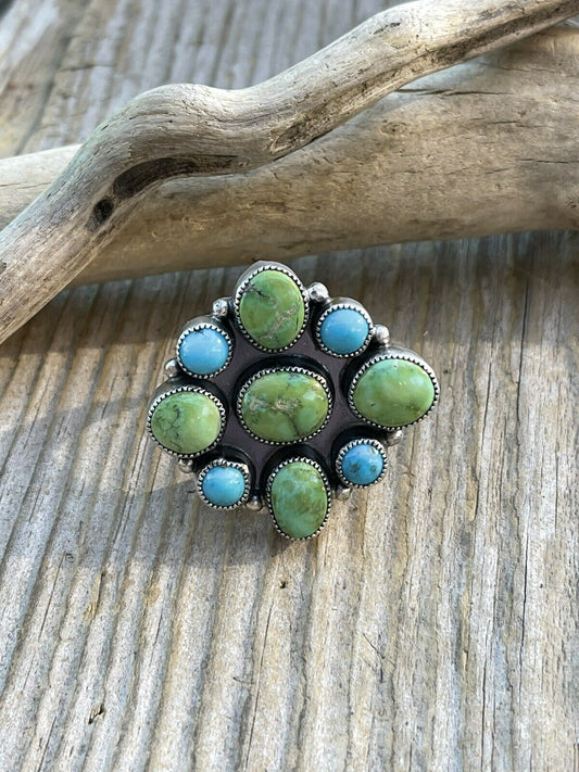 Handcrafted Sterling Sonoran Gold And Golden Hills Turquoise Cluster Ring Size 7