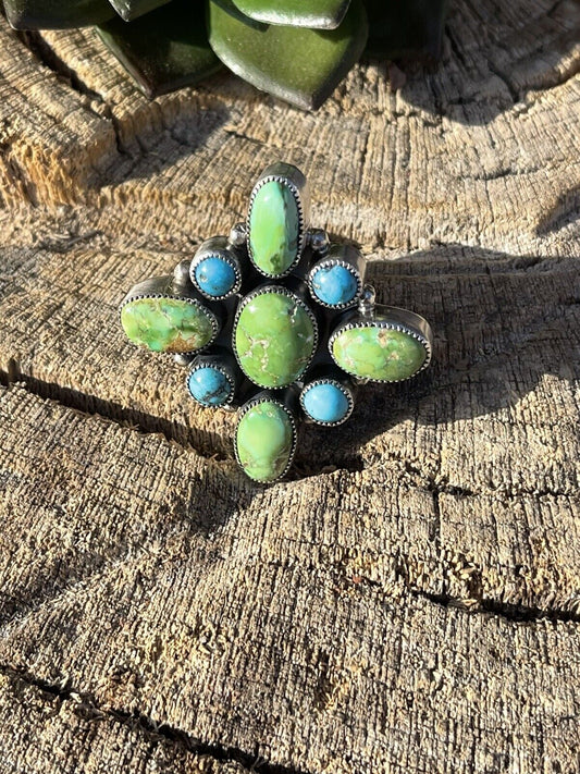Handcrafted Sterling Sonoran Gold And Golden Hills Turquoise Cluster Ring Size 8.5