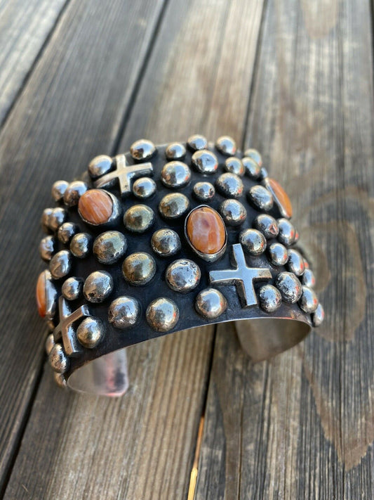 Handcrafted Sterling Silver & Orange Spiny Cross Bracelet By Chimney Butte Signed