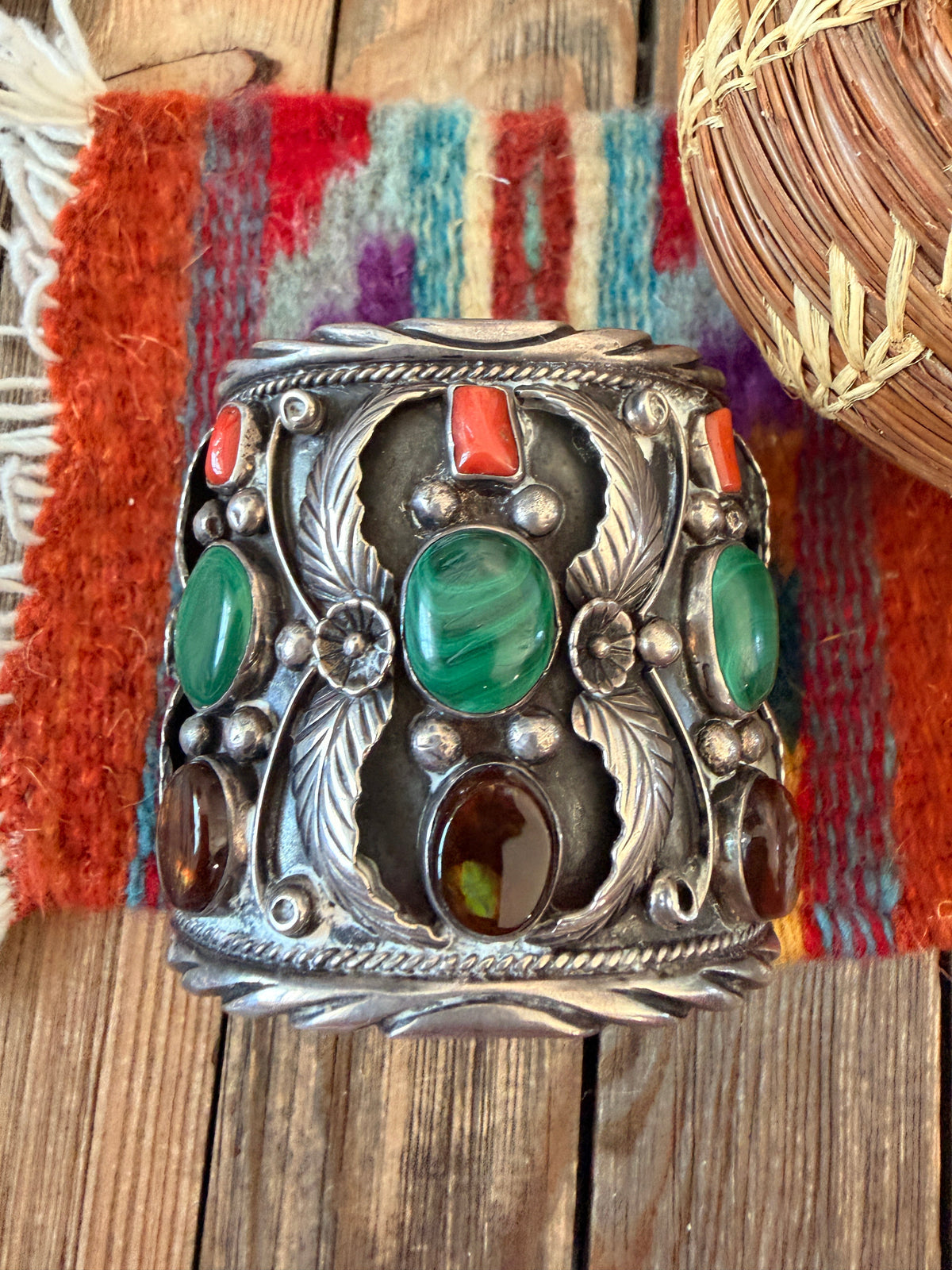 Handcrafted Old Pawn Sterling Silver & Multi Stone Cuff Bracelet