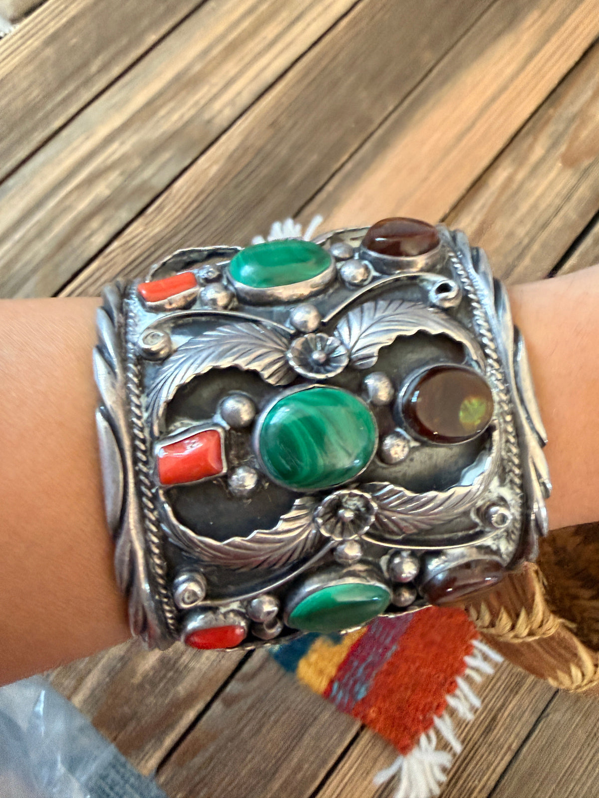 Handcrafted Old Pawn Sterling Silver & Multi Stone Cuff Bracelet