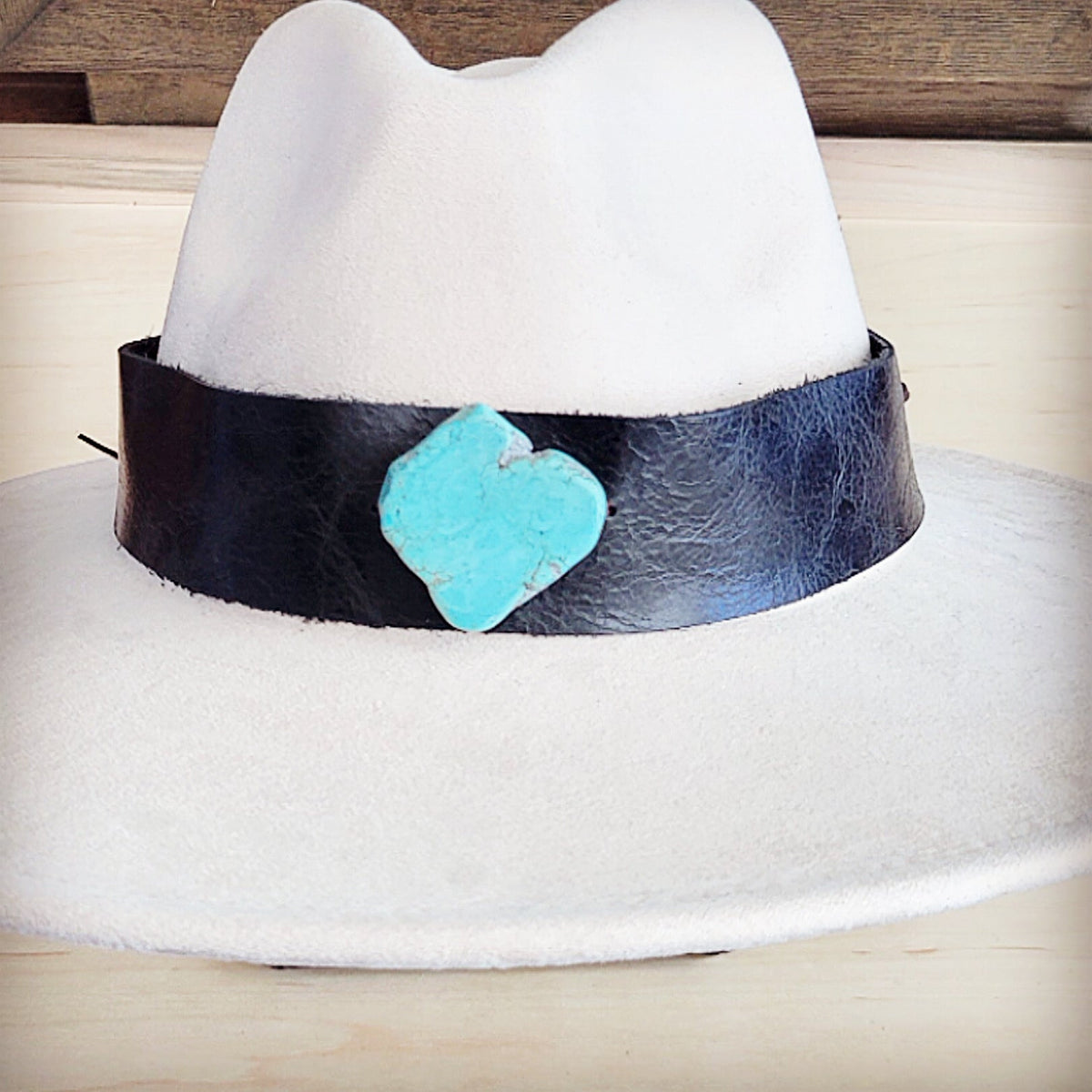 Wide Genuine Leather Black Hat Band w/ Turq 953s
