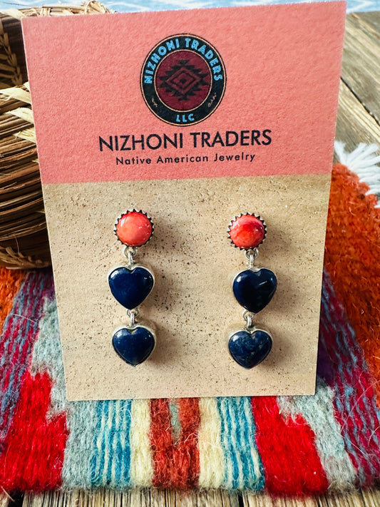 Handcrafted Lapis, Spiny & Sterling Silver Heart Dangle Earrings